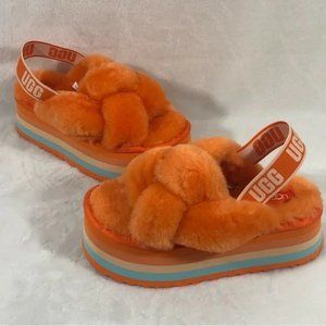 UGG Disco Knot Platform Orange Fur Blue Slingback Sandal Slides 1126383 Womens
